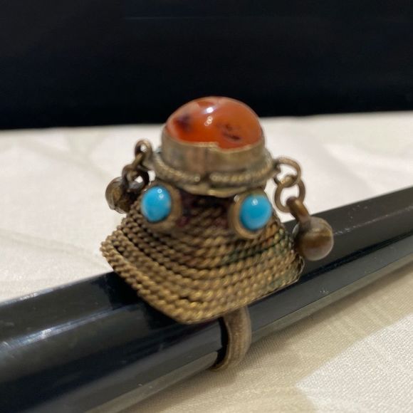 Antique Amber And Turquoise Brass Dome Ring - Picture 15 of 16